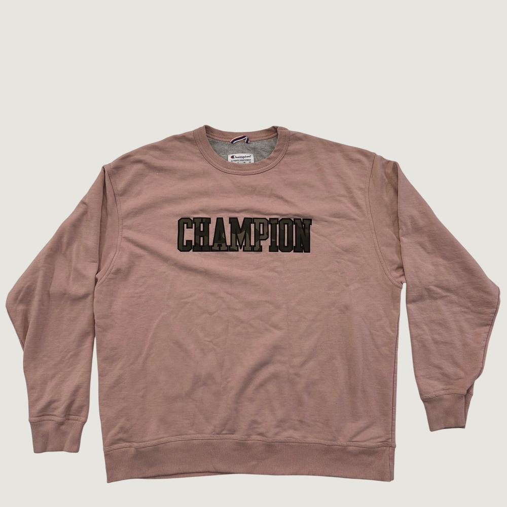 Champion Mens 2XL Pink Crewneck Sweatshirt Spellout Logo Pullover Athletic